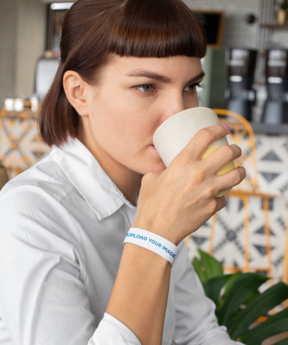 Paper Wristband Mockup of a Woman Drinking Coffee 28217