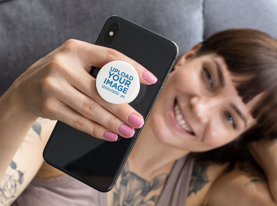 Phone Grip Mockup of a Woman Looking at Her Phone 