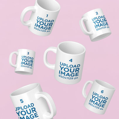 Mockup of Six 11 oz Coffee Mugs Floating in a Minimalistic Scenario 206-el