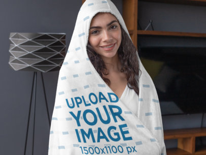 Hooded Fleece Blanket Mockup of a Woman in Her Room  28138