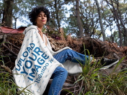 Hooded Fleece Blanket Mockup of a Woman Posing in the Woods 28141