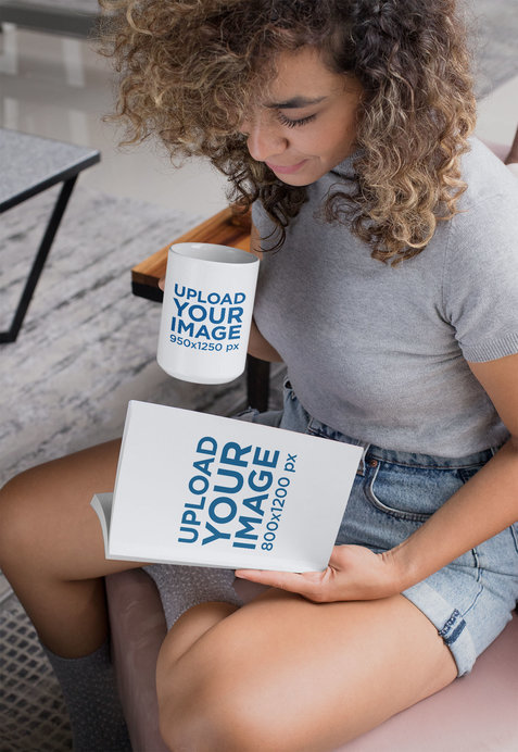 Mockup of a Woman Reading a Book and Holding a Coffee Mug