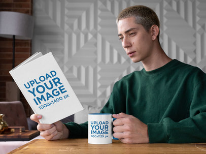 Mockup of a Man Drinking from a Two-Toned Coffee Mug While Reading a Book 