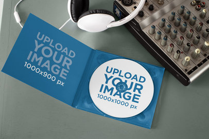 Mockup of a Digipak Lying Next to some Headphones 