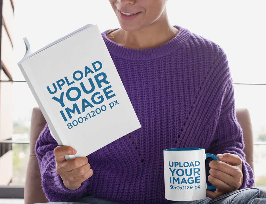 Mockup of a Woman Reading a Book and Holding a Two-Toned 11 oz Mug 