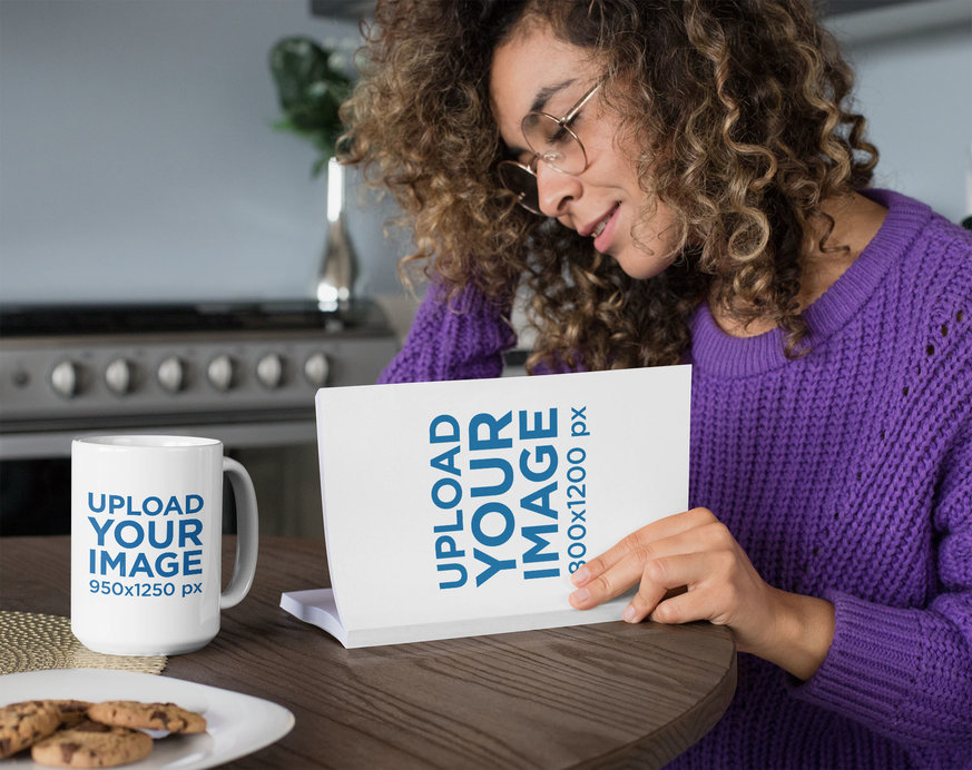Mug and Book Mockup Featuring a Woman Reading in the Kitchen 
