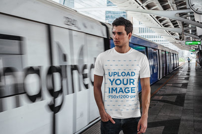T-Shirt Mockup Featuring a Man at a Subway Station  
