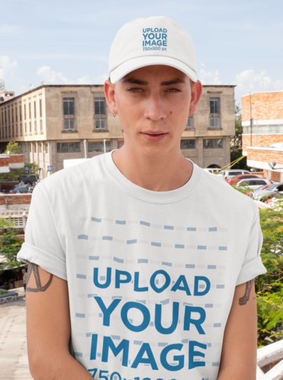 T-Shirt Mockup of a Young Man with Tattoos on His Arms Wearing a Dad Hat 28585