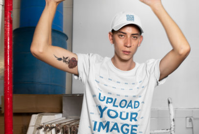 Mockup of a Serious Man Wearing a Dad Hat and a Shirt 