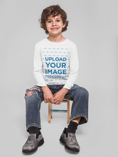 Long Sleeve Mockup of a Boy Sitting on a Stool