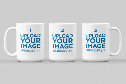 Mockup of Three Individual 15 oz Mugs on a Solid Background