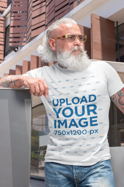 T-Shirt Mockup of a Trendy Middle-Aged Man with Sunglasses 