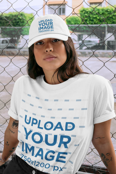 T-Shirt Mockup Featuring a Woman Wearing a Dad Hat by a Chain Link Fence 28600