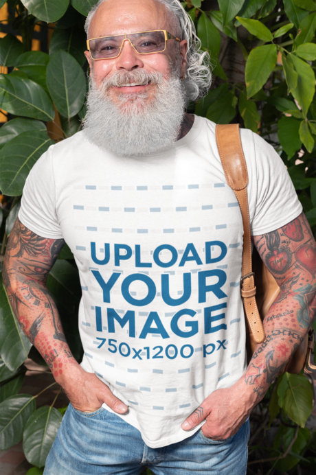 T-Shirt Mockup Featuring a Senior Man with a Trendy Style