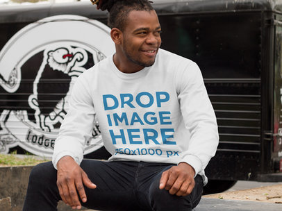 Man Sitting by a Food Truck Long Sleeve Mockup a9290