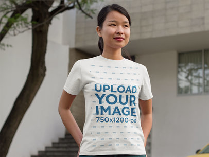 Asian Woman Standing Outside Her Home T-Shirt Mockup