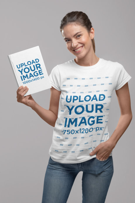 T-Shirt Mockup of a Woman Showing a Book Cover at a Studio