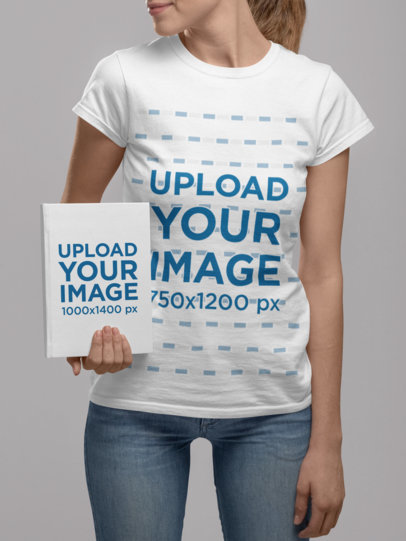 Cropped Face Mockup of a Woman Wearing a T-Shirt and Holding a Book at a Studio