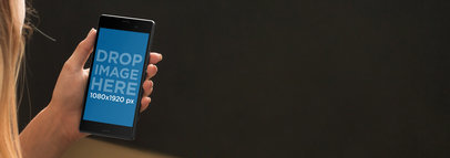 Blonde Woman at Home Using Android Phone Mockup