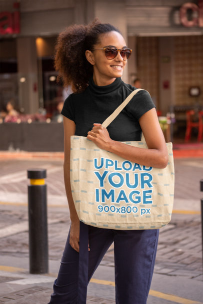 Tote Bag Mockup Featuring a Young Woman with Kinky Hair 28846