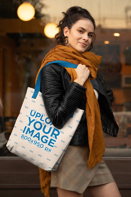 Tote Bag with Customizable Strap Mockup of a Woman Posing Outside