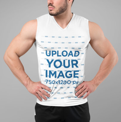 V-Neck Sleeveless Shirt Mockup Featuring a Fitness Man at a Studio