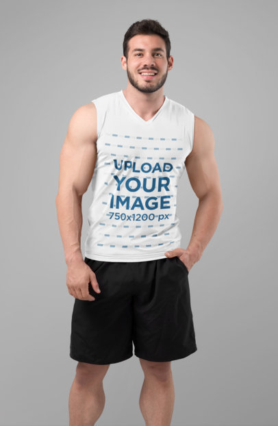 Sleeveless Shirt Mockup of a Smiling Man with Shorts