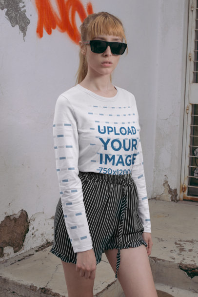 Long Sleeve Tee Mockup Featuring a Serious Woman with Sunglasses 