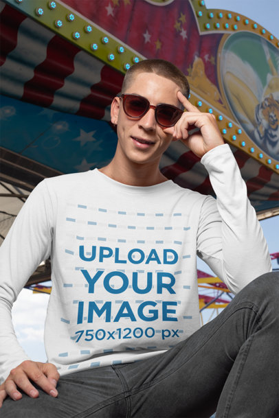 Long Sleeve T-Shirt Mockup Featuring a Man at a Fair 