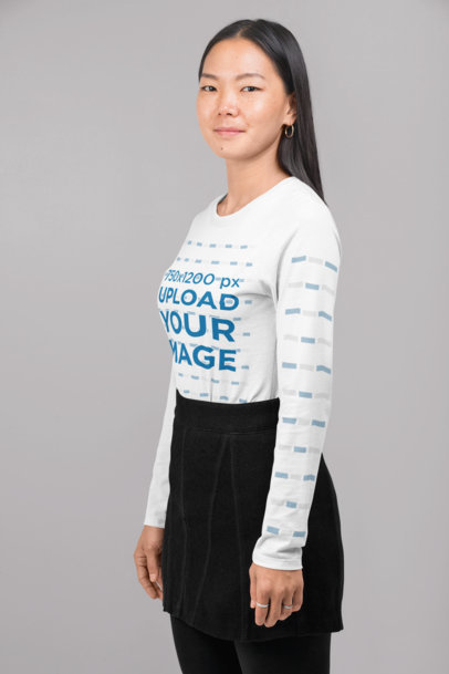Long Sleeve Tee Mockup Featuring a Woman with Straight Hair at a Studio