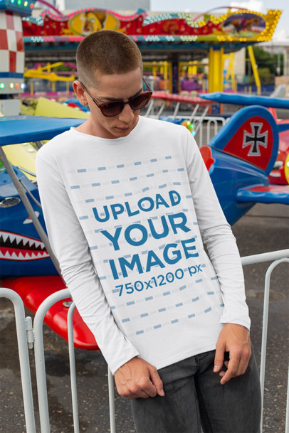 Mockup Featuring a Man Wearing a Long Sleeve Tee at a Fair 