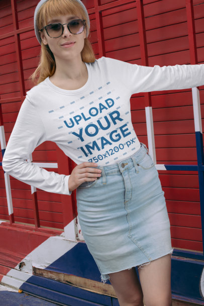 Long Sleeve T-Shirt Mockup of a Woman Wearing Sunglasses