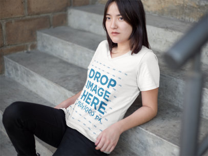V-Neck T-Shirt Mockup of an Asian Woman Sitting on a Stairway