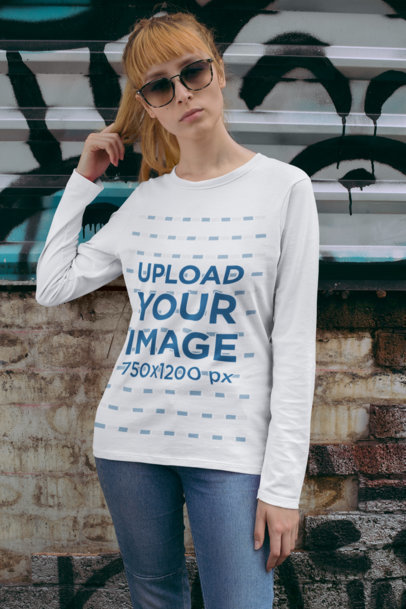 Long Sleeve Tee Mockup of a Woman Touching Her Hair 