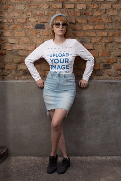 Long Sleeve Tee Mockup of a Woman Leaning Against a Brick Wall 