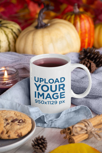 11 oz Mug Mockup Featuring Thanksgiving Decorations