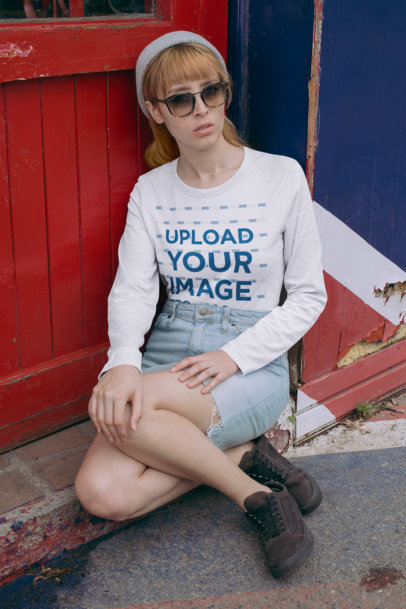 Mockup of a Woman Wearing a Long Sleeve Tee and a Beanie