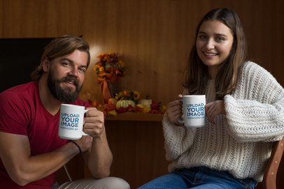Mockup of a Couple Holding a 15 Oz Coffee Mug at Home