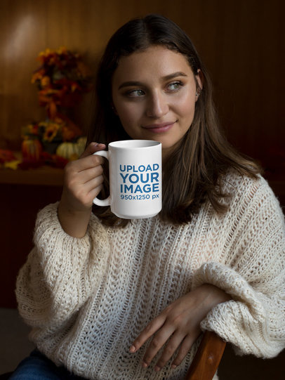 15 oz Mug Mockup of a Woman with a Knitted Sweater