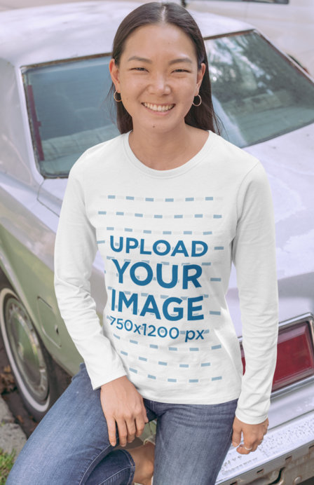 Long Sleeve Tee Mockup Featuring a Woman Sitting on an Old Car