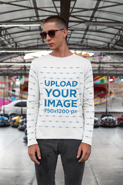 Long Sleeve T-Shirt Mockup of a Man in a Bumper Cars Area