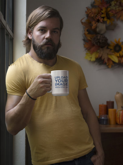 Mockup of a Bearded Man with a 15oz Coffee Mug 