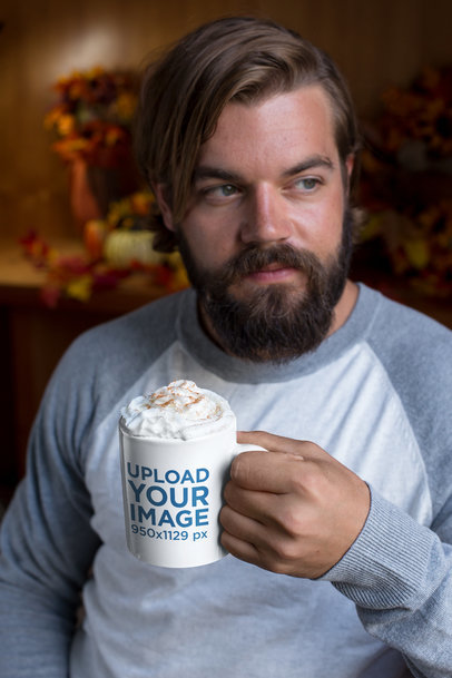 11oz Coffee Mug Mockup of a Man Having a Pumpkin Latte 