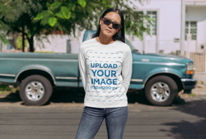 Mockup of a Woman with Sunglasses Wearing a Long Sleeve Tee 