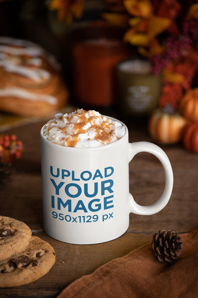 Mockup Featuring an 11 oz Coffee Mug Surrounded by Thanksgiving Decorations 