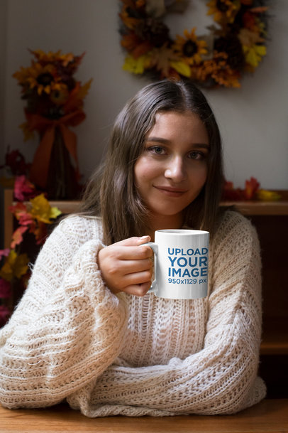 11 oz Coffee Mug Mockup of a Woman Drinking a Hot Beverage