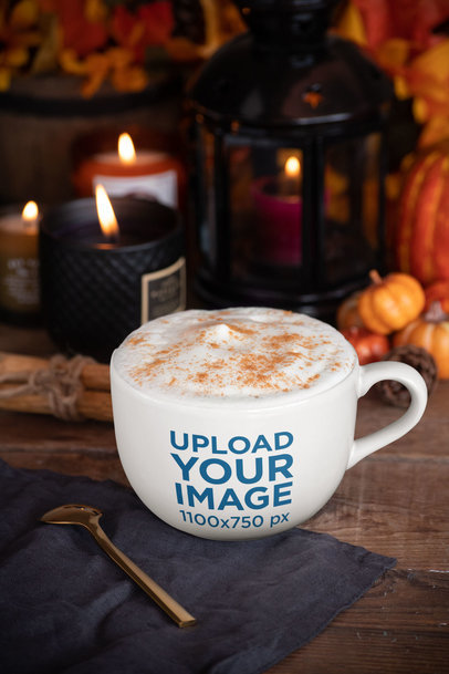 24 oz Mug Mockup with Thanksgiving Decorations in the Background 29169