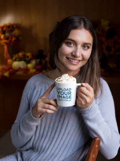 Mockup of a Woman Enjoying a Pumpkin Spice Latte in her 11 oz Coffee Mug 29140