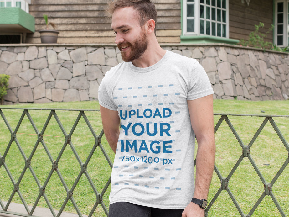 Heathered T-Shirt Mockup of a Man in Front of a House