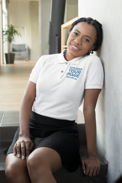Embroidered Polo Shirt Mockup of a Woman Sitting on the Stairs